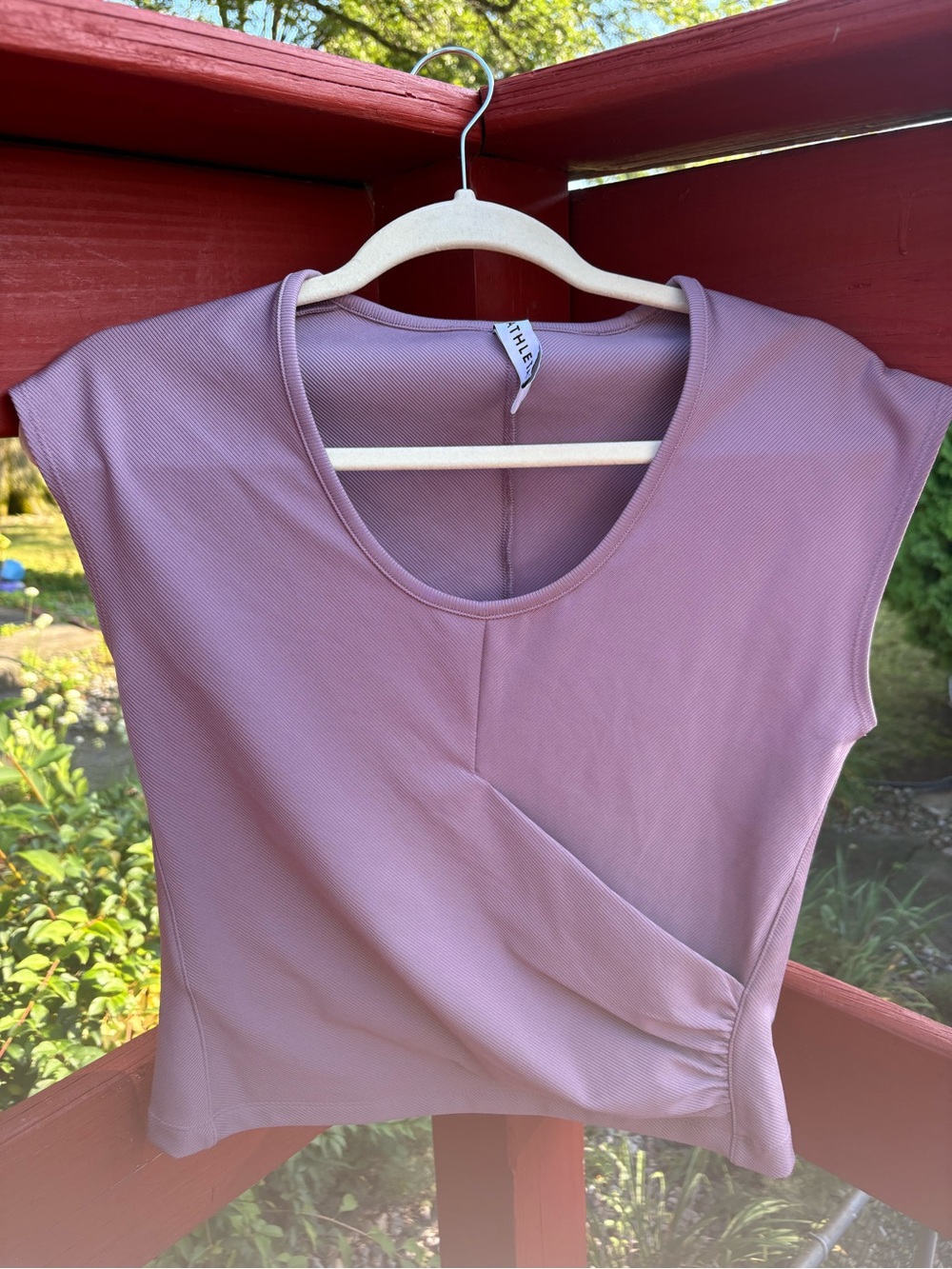 Athleta Small Mauve Ribbed Wrap Front Short Sleeve Top Yoga Athleisure
